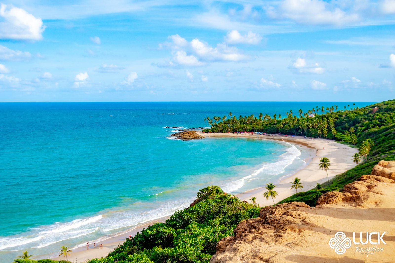 Vista aérea da praia em João Pessoa com falésias e mar azul-turquesa, cenário do passeio às Piscinas Naturais do Seixas